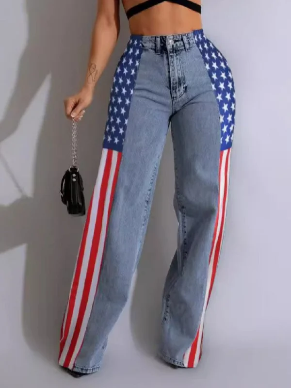 Luxury Classic Stars And Stripes Trim Denim Wide Leg Jeans