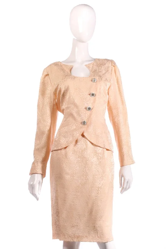 Classic Items Vintage 1980's Skirt Suit Peach 100% Silk with Diamonte Buttons Size 12