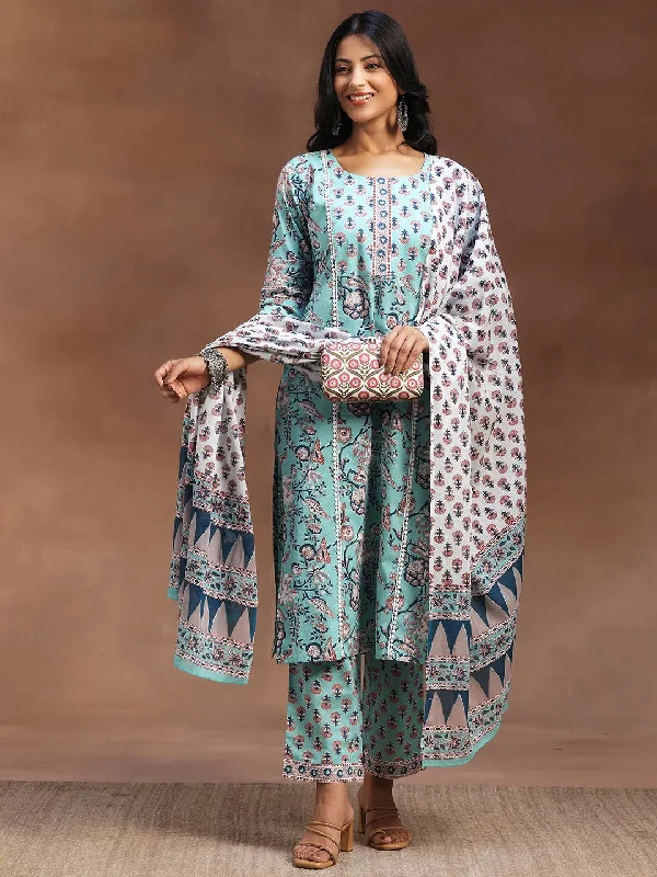 Elegant Outline Blue Printed Cotton Straight Suit With Dupatta