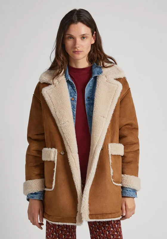 Luxury Customization Pepe Jeans Rose Fleece Lined Suedette Coat, Tobacco