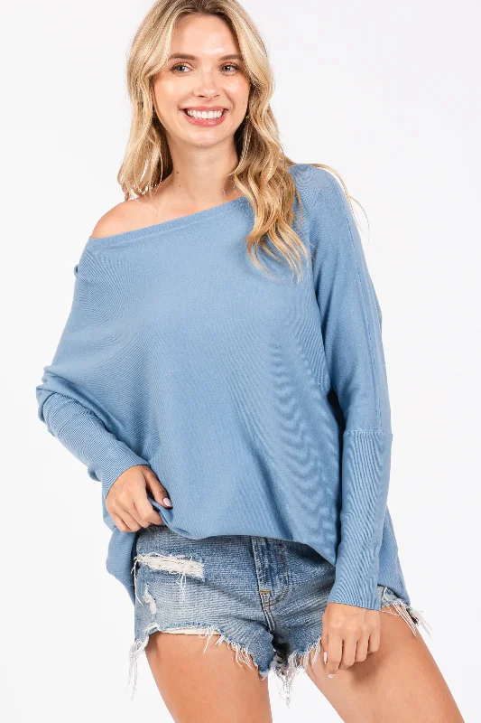 Lounge Wear Blue Boatneck Knit Dolman Top