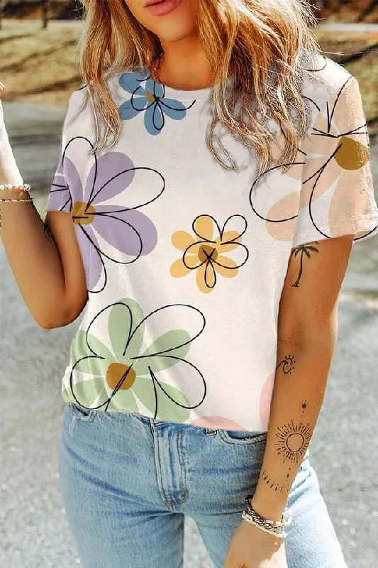 New Design Summer Flower Print Casual Round Neck T Shirt