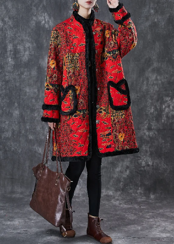 Body Design Beautiful Red Print Patchwork Warm Fleece Trench Winter