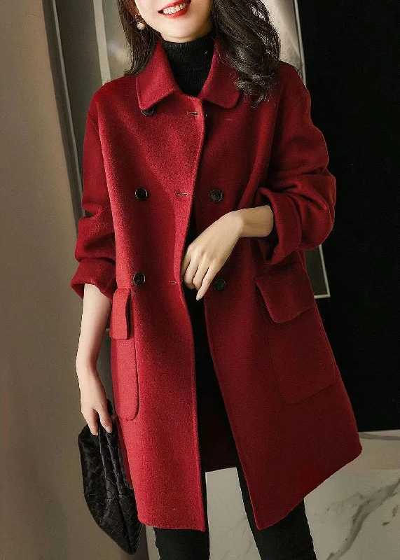 Must-have For Fashion Fine Red Peter Pan Collar Pockets Fine Cotton Filled Woolen Outwear Winter