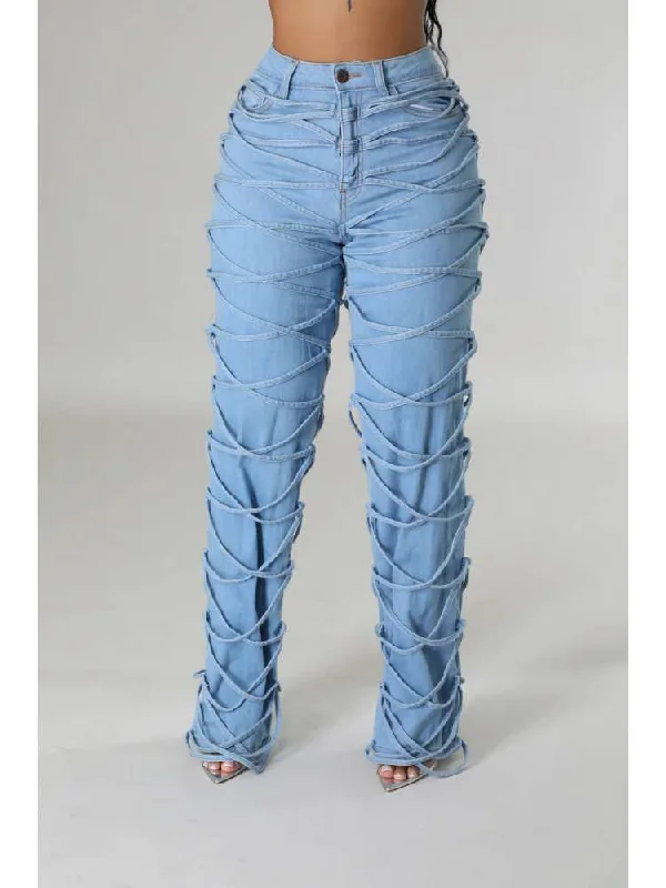 Unique Fashion Tie-wrap Denim Patchwork High Rise Jeans