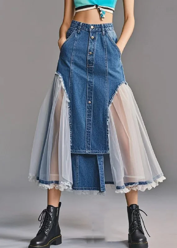 Fashion Expert Art Blue Silm Fit Patchwork Tulle Denim A Line Skirt Spring