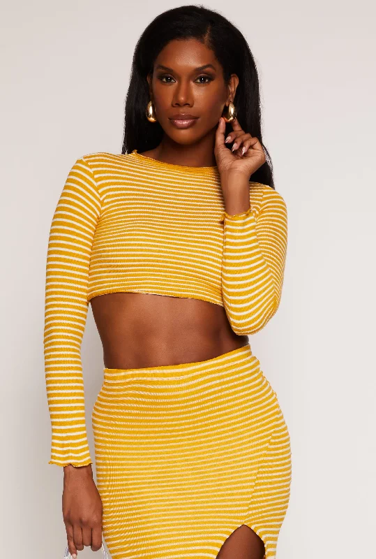 Fresh Wear Striped Rib Knit Lettuce Edge Crop Top