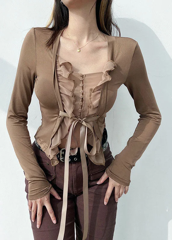 Personal Charm Slim Fit Khaki tie waist Ruffled Patchwork Top Long Sleeve