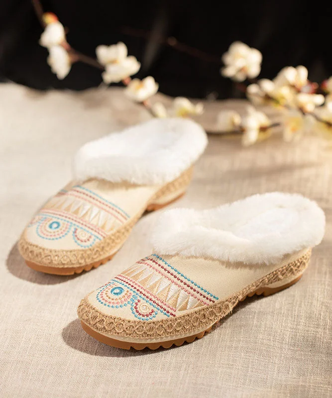 High-end Design Comfy Splicing Women Beige Fuzzy Wool Lined Slippers Shoes