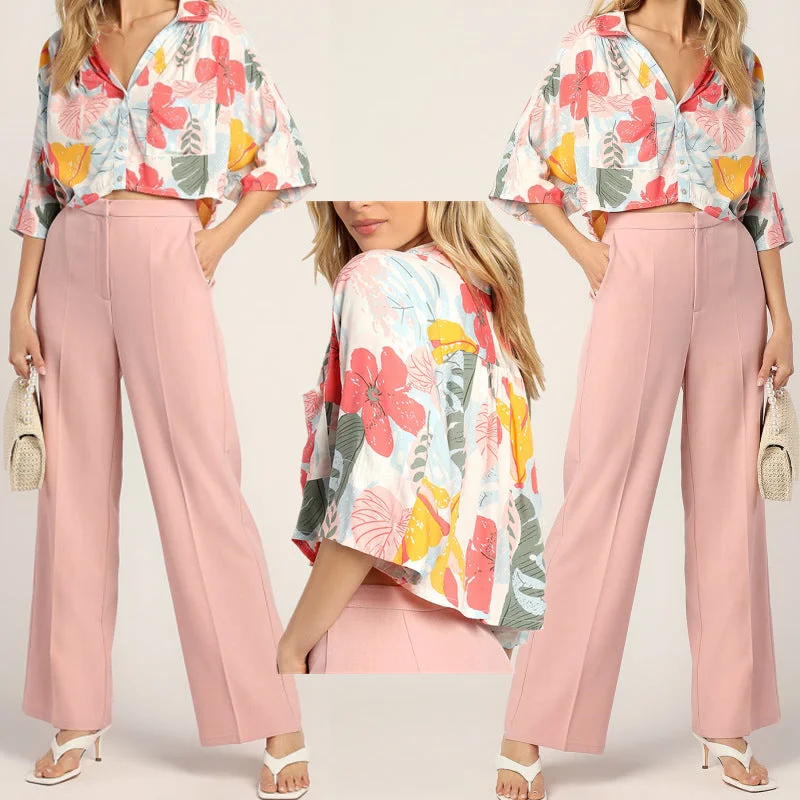 Chic Relaxation Casual Pink Office Lady Summer Women Out Suits