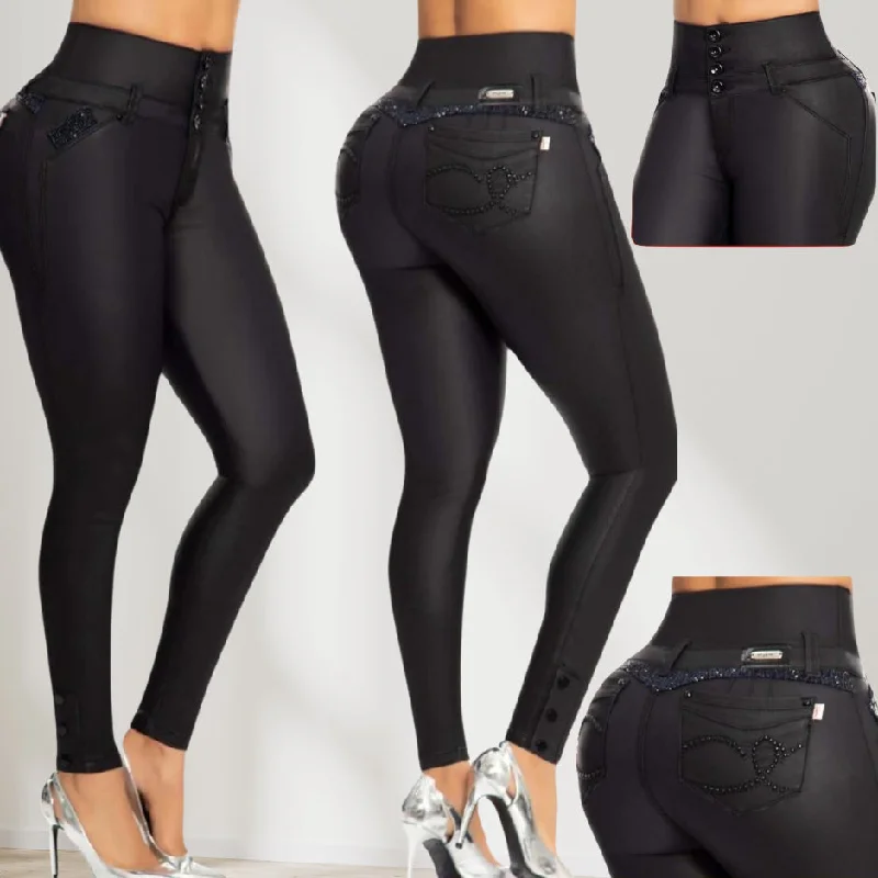 Romantic Temperament Colombian Black Leather Lift-Up Jeans | Shapely Women's Denim - 80604 (C58)