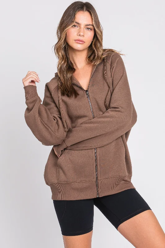 Luxury Customization Brown Front Zipper Hooded Sweater