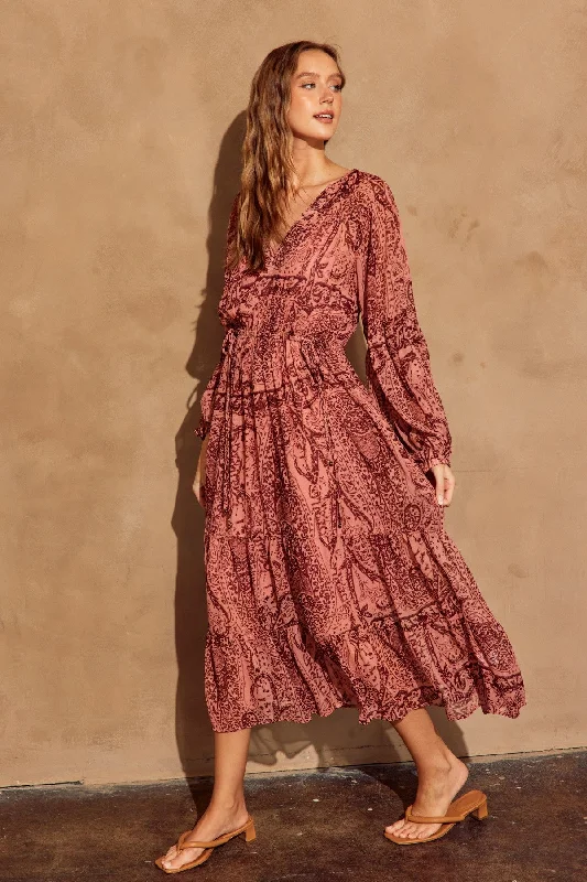 Bright Colors Mauve Wine Printed Bubble Sleeve Tiered Dress