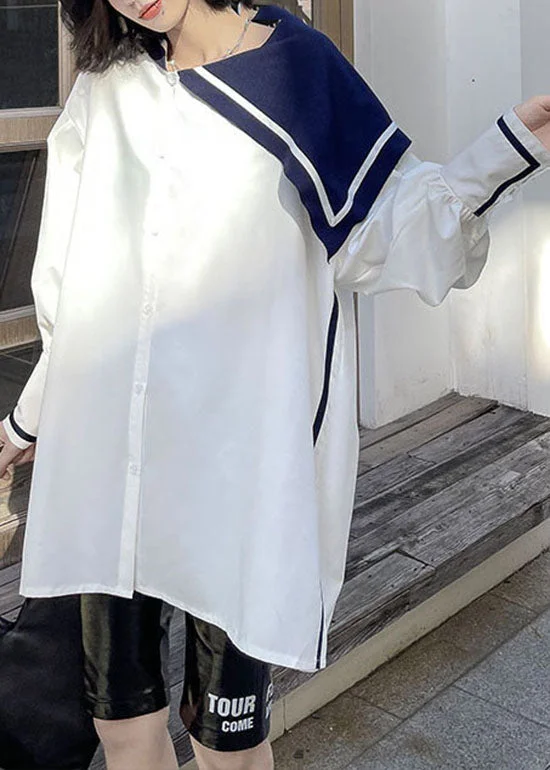 Exquisite Tailoring Simple White button side open Sailor Collar Asymmetrical Shirt Spring