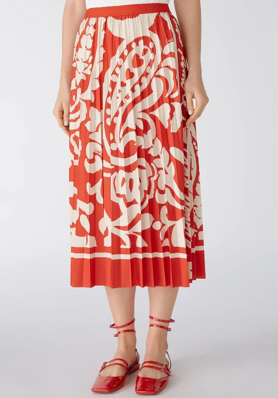 Luxury Fashion Oui Paisley Print Silk Touch Pleated Midi Skirt, Red & White