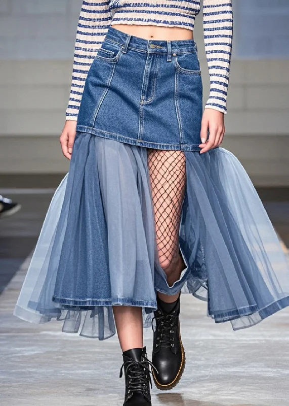 High-end Wear Organic Blue Asymmetrical Patchwork Tulle Denim Skirts Summer