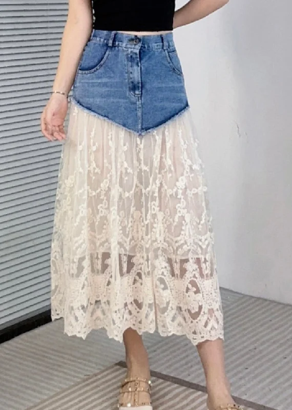 Personalized Series Beige Pockets Lace Patchwork Style Denim Skirts Summer