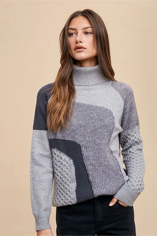 Fresh And Elegant Grey Combo Turtleneck Multi Pattern Mixed Sweater Top