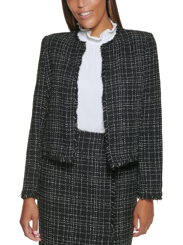 Chic Relaxation Petites Womens Wool Blend Tweed Open-Front Blazer