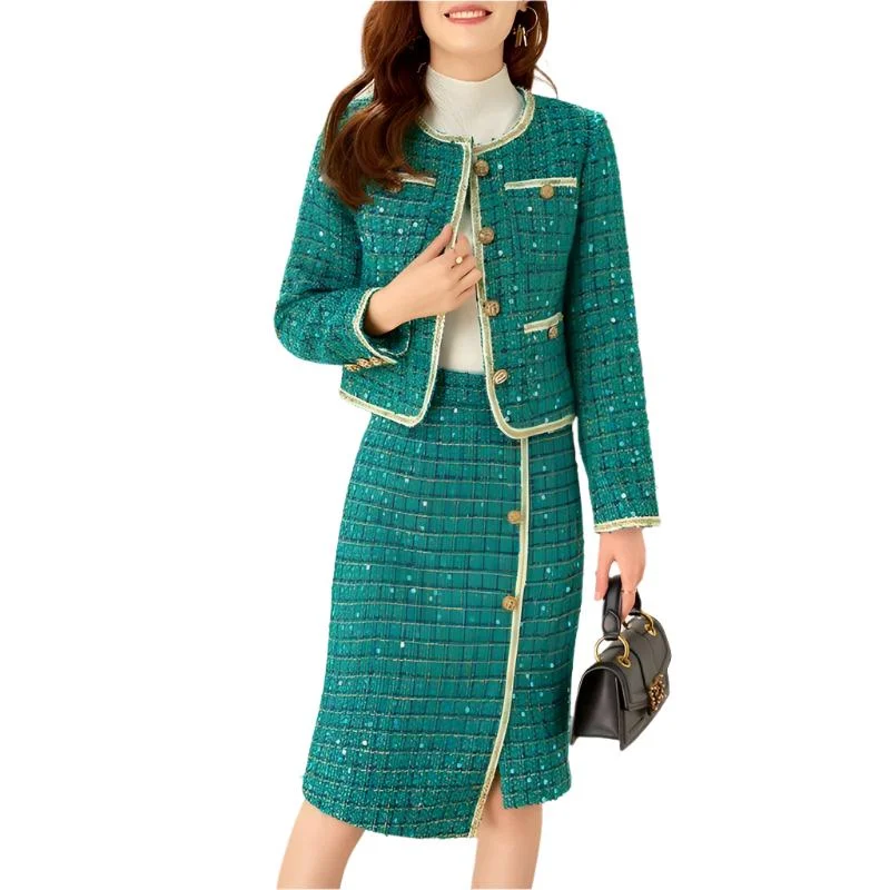 Fashionable Prints Checked Sequined Tweed Skirt Suit