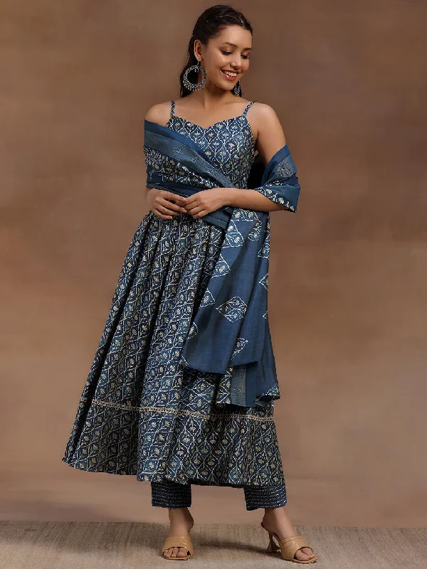 Fresh And Fashionable Blue Printed Silk Blend Anarkali Suit With Dupatta