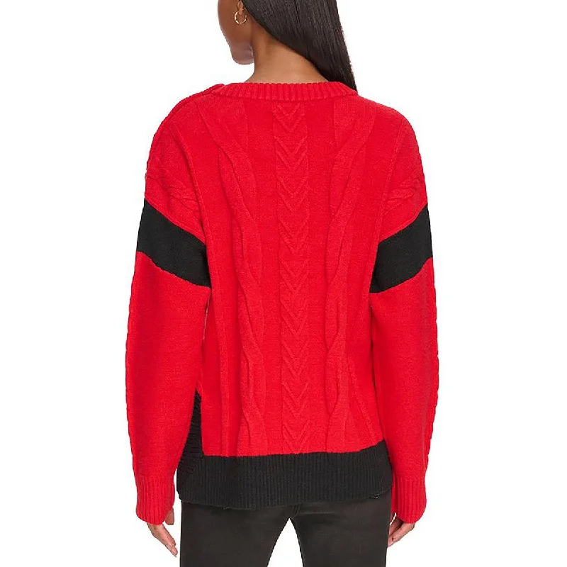 Relaxed Style Womens Cable Knit Colorblock Pullover Sweater