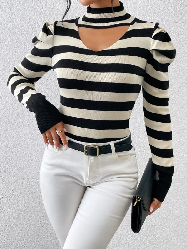 British Style Striped Cutout Mock Neck Knit Top