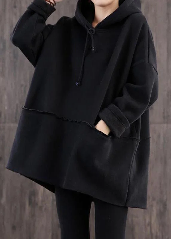 Fashion Pioneer Style Black Hooded drawstring Warm Fleece Sweatshirt Winter