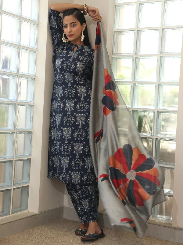 Exquisite Design Blue Printed Silk Blend Straight Suit With Dupatta