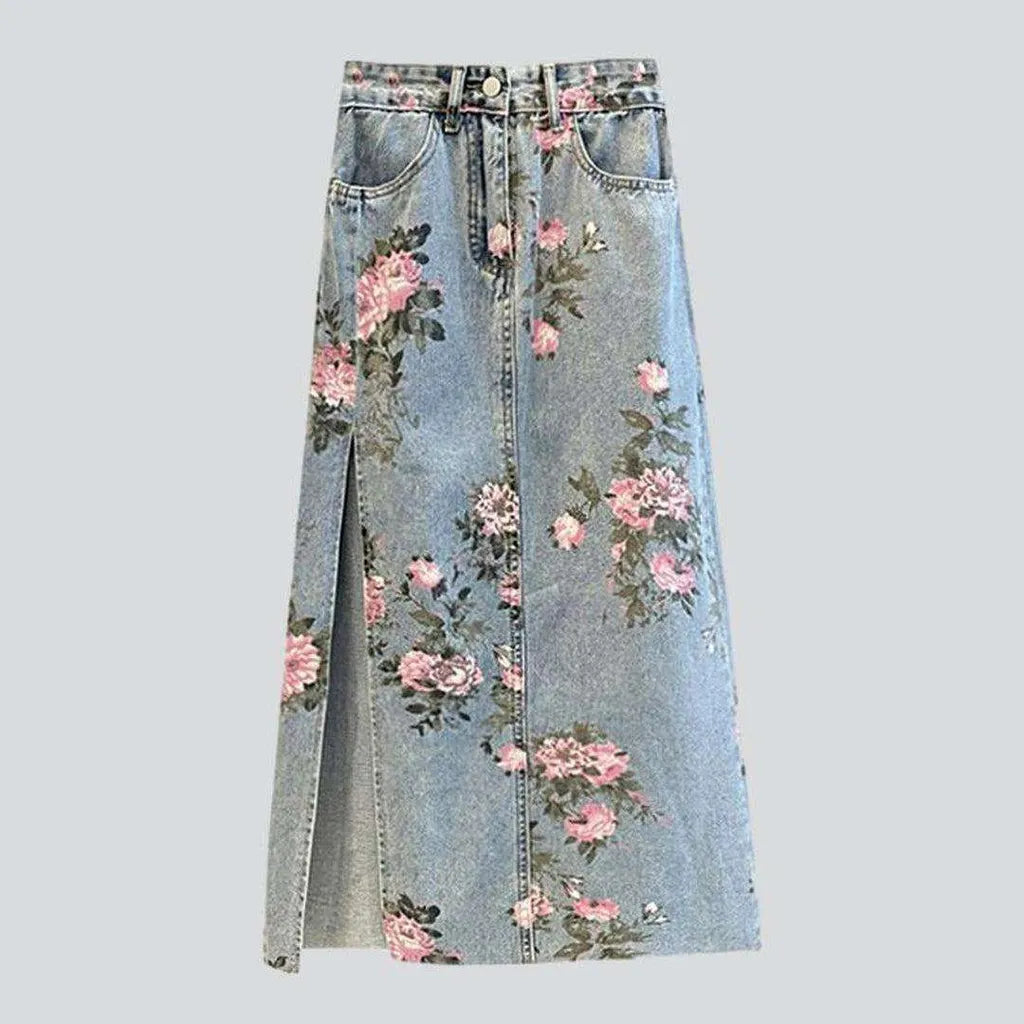 Fashionable Prints Rose-painted long denim skirt