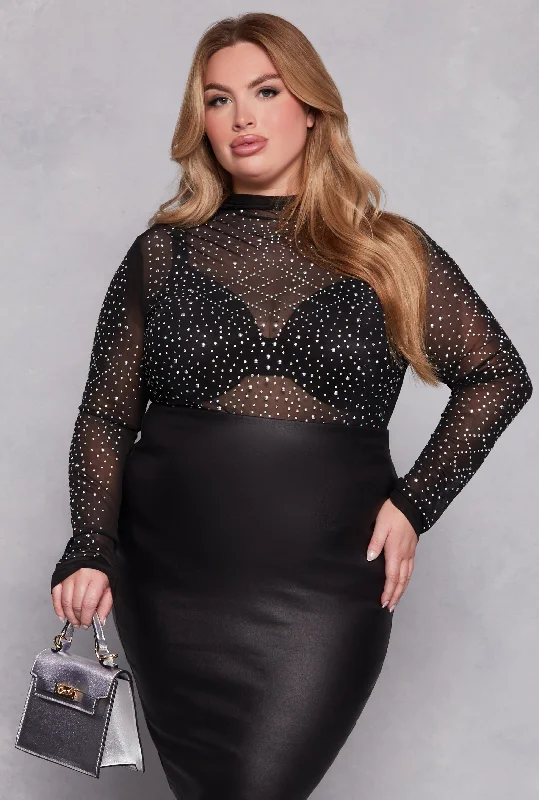 Personalized Series Plus Size Mesh Rhinestone Studded Long Sleeve Top