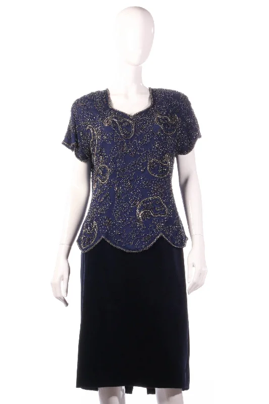 Fashion Classic Serenade Blue Short Sleeve 100% Silk Beaded Top and Dark Blue Velvet Knee Length Skirt Size 14/16