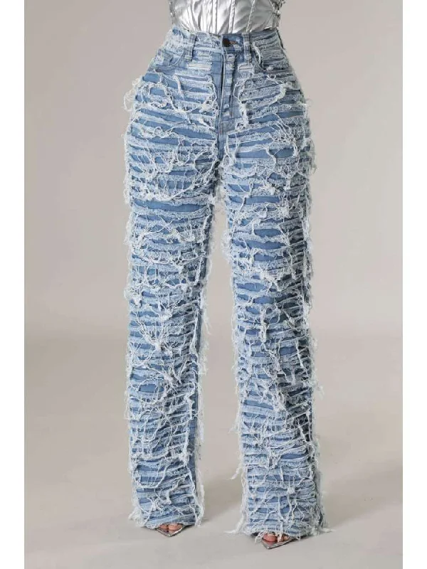 Preview New Products Ripped Fuzzy Trim High Rise Denim Jeans