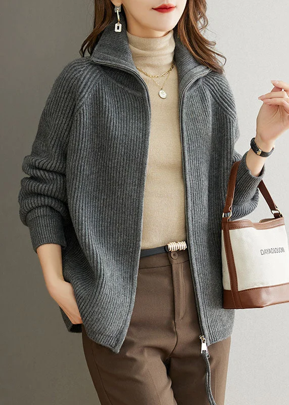 Comfortable Wear Grey Patchwork Women Wool Coats Peter Pan Collar Zippered Fall