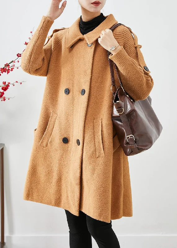 Quality Tailoring Boho Light Camel Double Breast Patchwork Knit Woolen Trench Coats Fall