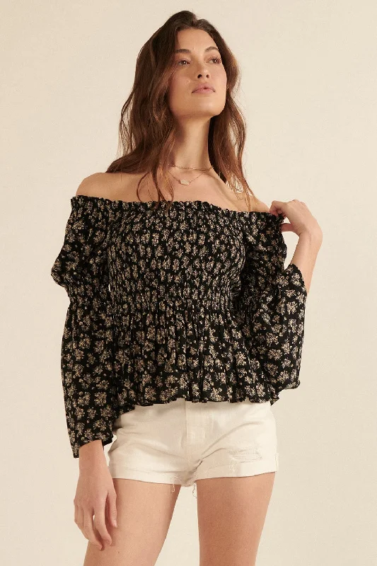 Integrated Design Black Floral Print Off-Shoulder Peasant Top