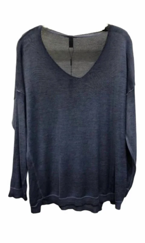 Elegant Outline Women's Light Knit V Neck Long Sleeve Sweater Top In Navy