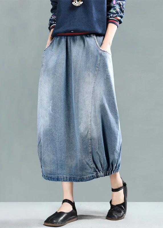 Personal Charm Fashion Light Blue Elastic Waist Pockets Cotton Denim Skirt Summer