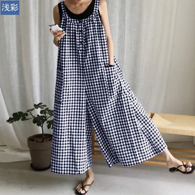 Personal Design Vintage Women Plaid Loose Sleeveless Jumpsuits