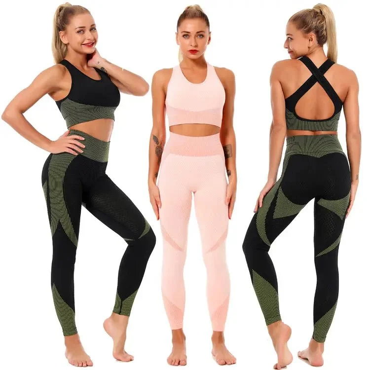 Luxury Fashion Athletic Wear High Waist Workout Women Leggings Seamless Yoga sports bra Set