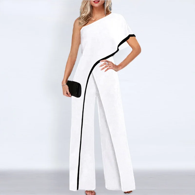 Economic Outlook White Casual OL One Shoulder Overall Jumpsuits