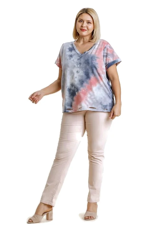 Energy Plan Distressed Tie Dye Top, Grey/Rose