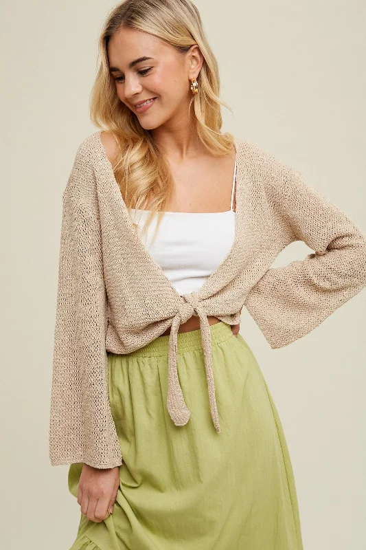 Fashion Wear Taupe Open Knit Sweater Self-Tie Cardigan