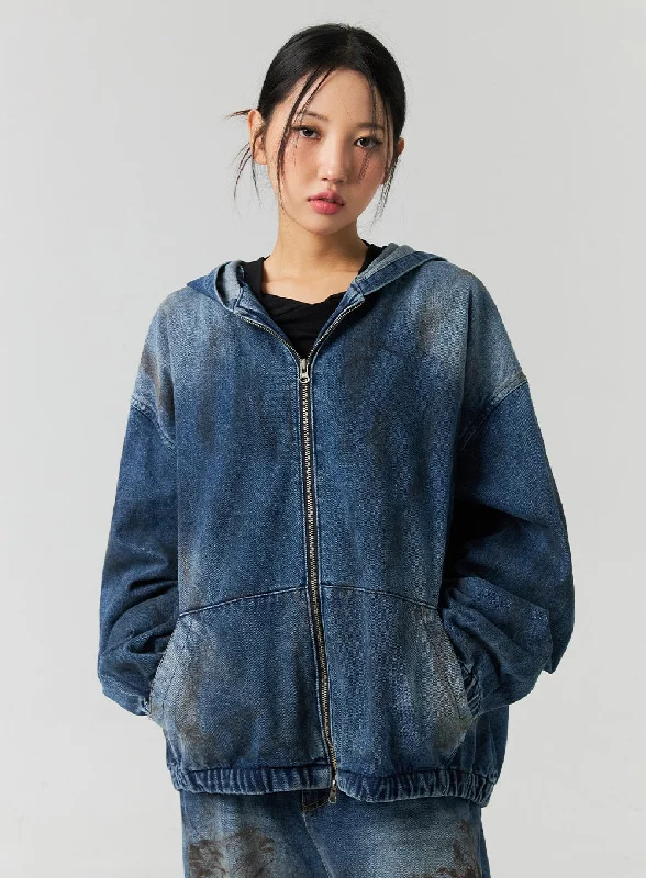 Comfortable Wear Zip-Up Denim Hooded Jacket CO323