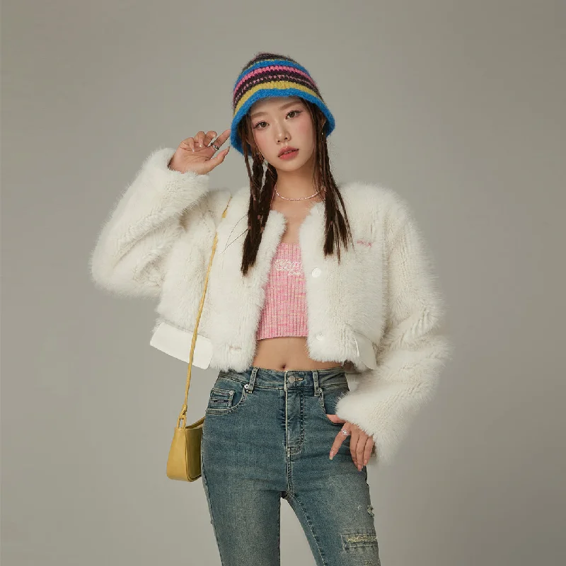 Embroidery Design Faux Fur Crop Jacket