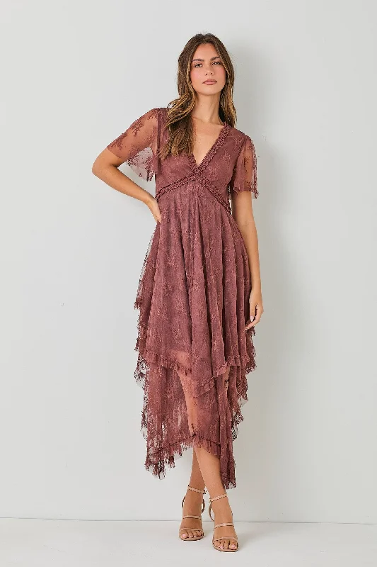 Classic Series Chestnut Embellished Lace Hem Dress