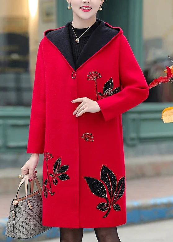 Fashion Expert Boutique Red Jacquard Zircon Woolen Hooded Trench Spring