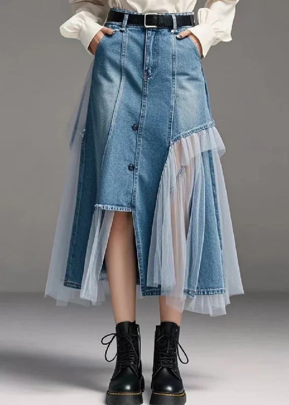 Personal Design Original Design Blue Asymmetrical Patchwork Denim Wraped Skirts Spring