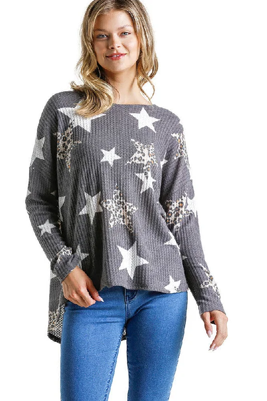 Effortless Style Star & Leopard Waffle Knit Top, Charcoal