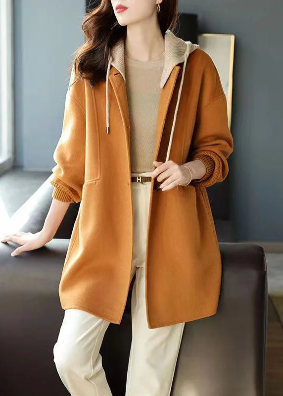 Fashion Wear Classy Khaki Button Pockets Patchwork Woolen Hoodies Outwear Fall